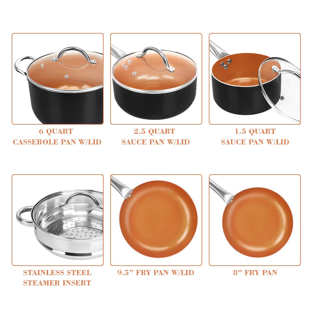 SHINEURI 6 Pieces Nonstick Copper Pans with Lid Copper Frying Pans Copper  Nonstick Frying Pans Copper Pans with Lid Copper Skillets with Lid Ceramic